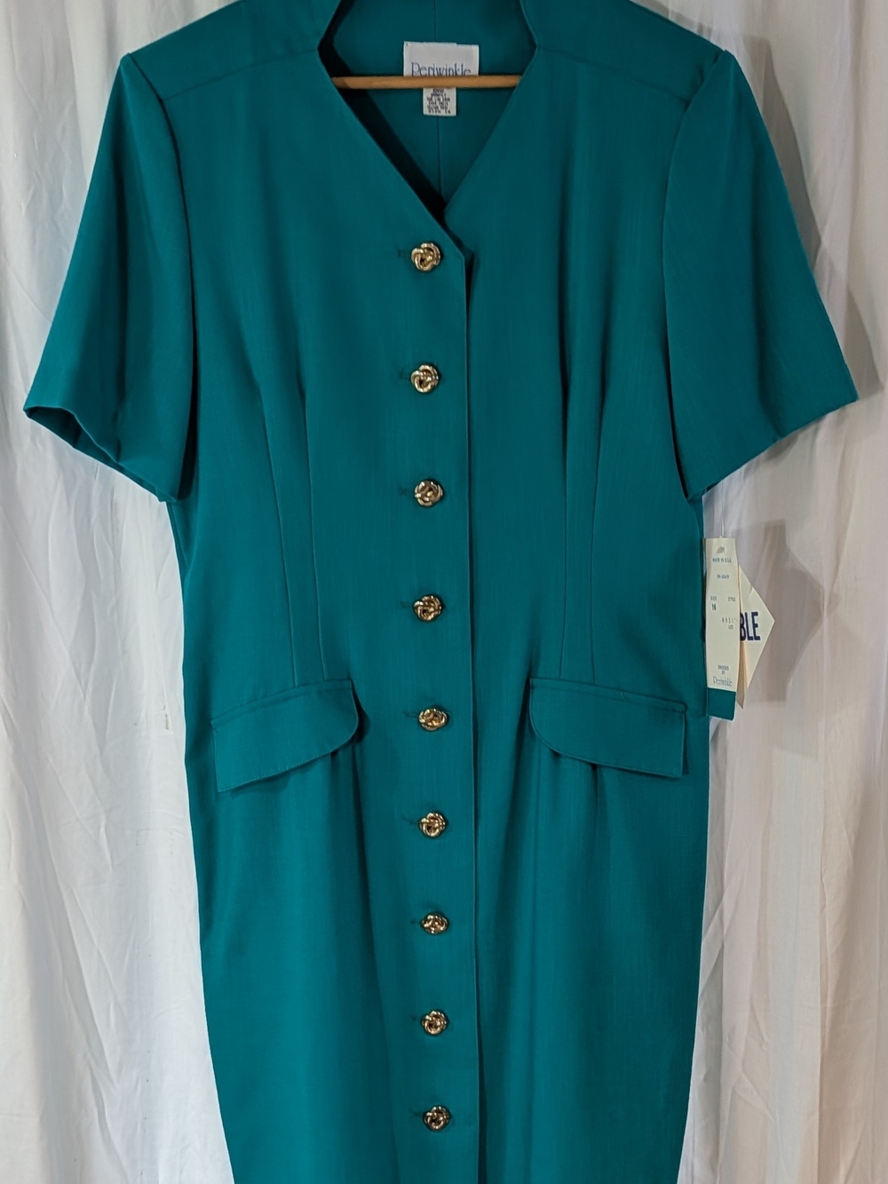 Periwinkle VGT 90's NWT Teal Short Sleeve Button Front Midi Dress Size 16